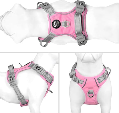 PHOEPET No Pull Dog Harness, Unique Colors Reflective Adjustable Dog Vest, with Soft Training Handle Metal Clips for Small Medium Large Dogs (Baby Pink Base & Grey Straps,XL)