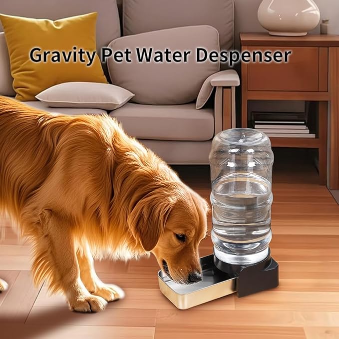 PAKEWAY Large Capacity Gravity Water Dispenser for Dogs, 2.3 Gallon Stainless Steel Pet Water Bowl for Medium & Large Pets, Low Refill Automatic Waterer with Filters