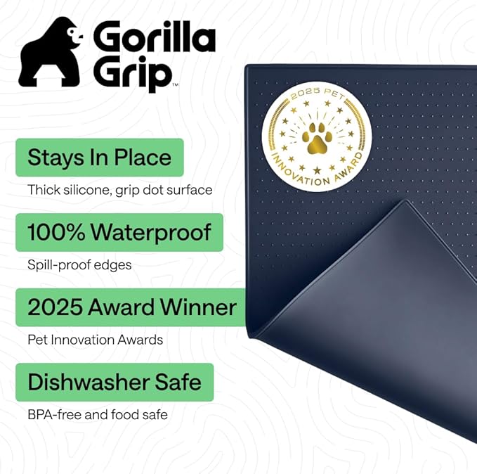 GORILLA GRIP 100% Waterproof Raised Edge BPA Free Silicone Pet Feeding Mat, Dog Cat Food Mats Contain Spills Protects Floors, Placemats for Cats and Dogs Water Bowl, Pets Accessories 32x24 Navy
