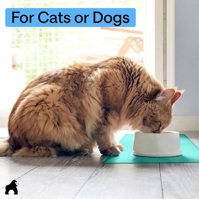 GORILLA GRIP 100% Waterproof Raised Edge BPA Free Silicone Pet Feeding Mat, Dog Cat Food Mats Contain Spills Protects Floors, Placemats for Cats and Dogs Water Bowl, Pets Accessories 23x15 Turquoise