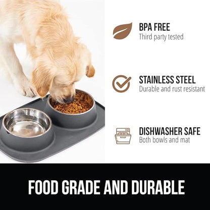 GORILLA GRIP Feeding Mat Bowl Set, 3 Cup 100% Waterproof BPA Free Silicone Base, 304 Stainless Steel Cat and Dog Bowls for Food and Water, Slip Resistant, High Edge, US Designed, Patent Pending, Gray