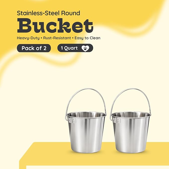 1 Quart Heavy Duty Stainless Steel Round Bucket with Handle | Fits kennel Cage Critter Crates Farm | Food & Water Pail for Small Pets Birds Dog Cat | Livestock Multipurpose use, Pack of 2