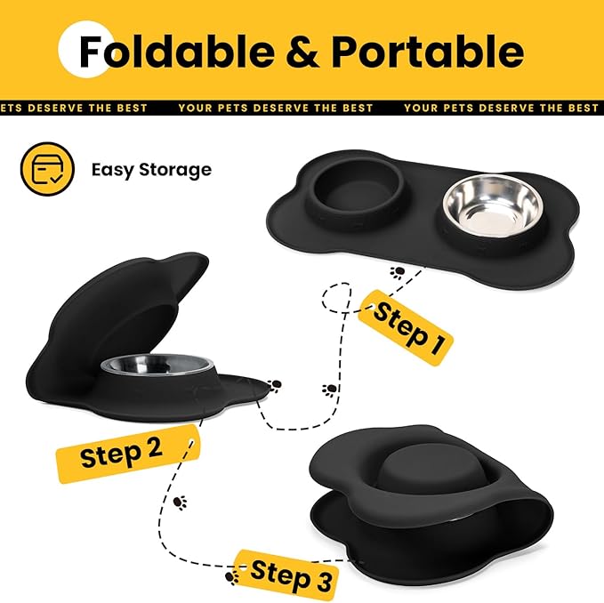 Conlun Dog Bowls with Non-Slip Silicone Mat, Spill Proof Large Food & Water Bowls Set, Easy Clean Dog Food Dish, Dishwasher Safe, Suitable for Dogs Cats Pet Under 90lbs, Large, Black