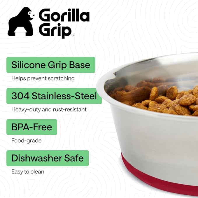 GORILLA GRIP Dog Bowls, Food Grade 304 Stainless Steel, Holds 2 Cups Each (16 fl oz) Food and Water Bowl for Feeding Dogs and Cats, Dishwasher Safe, Rust Resistant, BPA Free Rubber Base Set of 2 Red