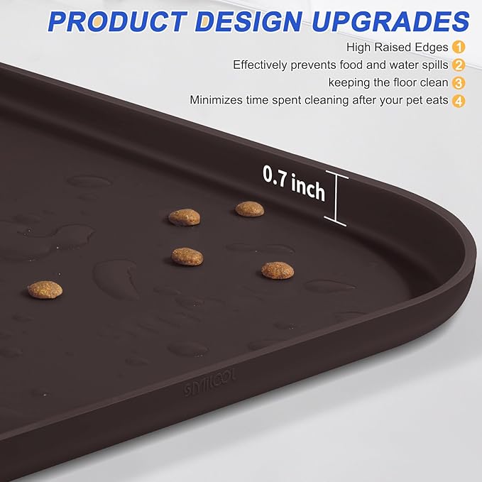 SMILOOL Silicone Pet Feeding Mat with Raised Edge for Food and Water, Dog Bowl Mats, Cat Bowls Placemat with High Lip for Floor Waterproof, Rubber Tray for Cats and Dogs 19 x 12 x0.7 Dark Brown
