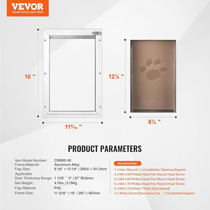 VEVOR Pet Door for Interior and Exterior Doors, Aluminum Frame, Metal Closing Panel and Lock, Strong and Durable Dog Door, Pet Door Suitable for Medium Dogs (White-Medium)