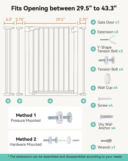 COMOMY 36" Extra Tall Baby Gate for Stairs Doorways, Fits Openings 29.5" to 43.3" Wide, Auto Close Sturdy Safety Dog Gate for House, Pressure Mounted Easy Walk Through Pet Gate with Door, White