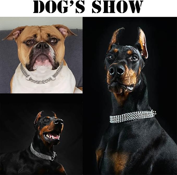 Silver Dogs Choker Chain Collar, Double Row Martingale Chain Dog Collars, Chew Proof Metal Cuban Link Dog Collar Adjustable for Small Medium Large Breed Dogs (2 Row, M)
