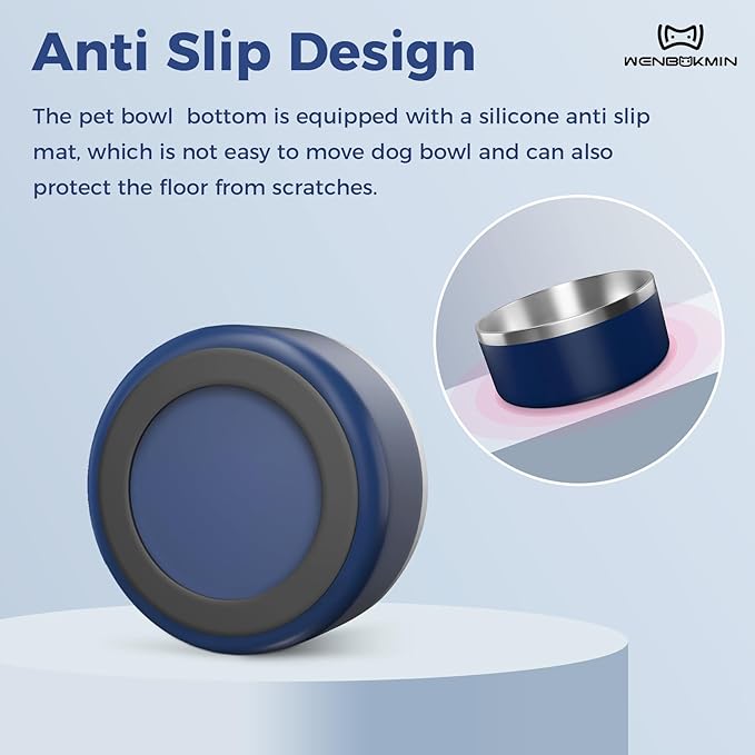WENBOKMIN Dog Bowl, Stainless Steel Dog Food and Water Bowl with Non Slip Quiet Bottom, Easy to Clean, Dishwasher Safe, 64oz, Blue