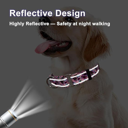 Reflective Martingale Collar for Dogs Nylon Training Collar with No Buckle Cute Floral No Pull Dog Collar for Large Dogs（Purple Flower，L）