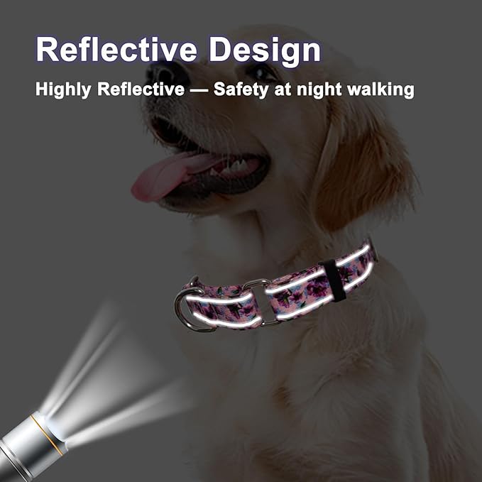 Reflective Martingale Collar for Dogs Nylon Training Collar with No Buckle Cute Floral No Pull Dog Collar for Medium Dogs（Purple Flower，M）