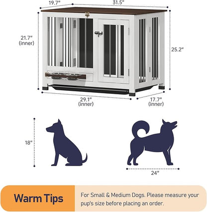 31.5" Dog Crate Furniture - Indoor Wooden Kennel with 360° Rotating Feeder | Multi-Functional End Table for Small & Medium Dogs | Portable Pet Cage with Removable Tray & Easy Assembly