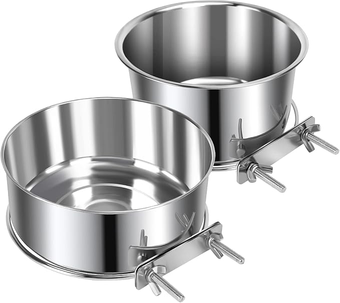 2 Pcs Medium Pet Dog Food Water Bowl for Cage Stainless Steel Non-Spill Kennel Hanging Cats Pets Bowls with Clamp Holder Crate Feeder Dish for Medium Dogs Pets (5.5x3.1'' & 6.3x2.6'')