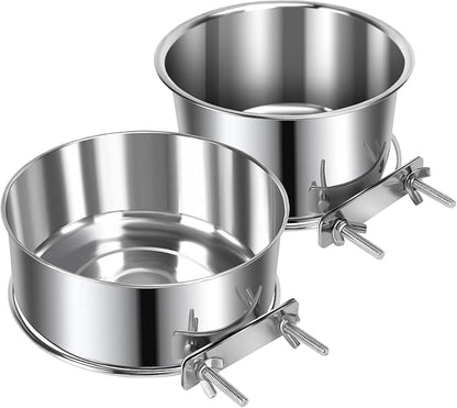 2 Pcs Medium Pet Dog Food Water Bowl for Cage Stainless Steel Non-Spill Kennel Hanging Cats Pets Bowls with Clamp Holder Crate Feeder Dish for Medium Dogs Pets (5.5x3.1'' & 6.3x2.6'')