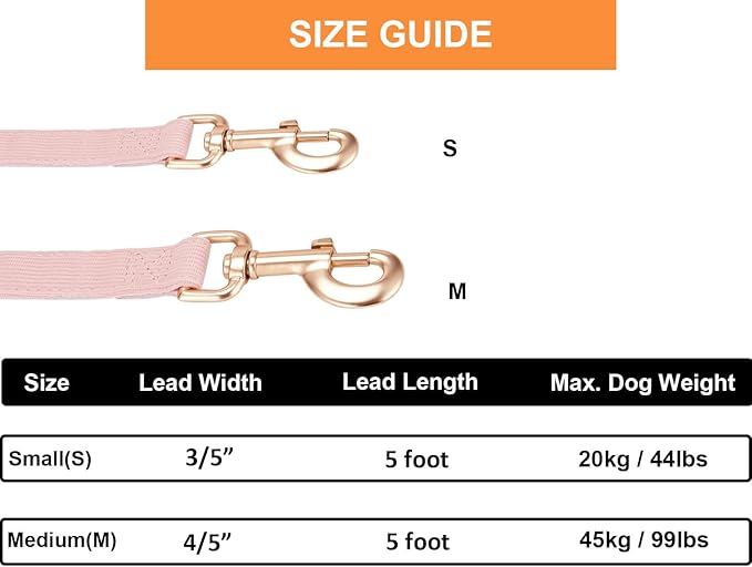 Soft Cotton Dog Leash, 5 Ft Heavy Duty Corduroy Dog Leashes with Gold Metal Hook for Small Medium Large Dogs,Small,Light Pink