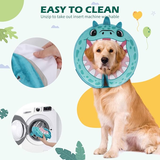 IEUUMLER Inflatable Recovery Dog Collar, Protective Donut Cone, Adjustable Soft Collar for Dog and Cat After Surgery Prevent from Biting & Scratching EU002 - Teal Dinosaur L+