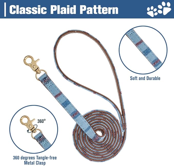 EXPAWLORER Puppy Collar and Leash Set - Embroidery Pawprints Plaid Dog Collar and Dog Leash Set, Bow Tie and Bandana Dog Collar with Bell, Cute Collar and Leash for Dogs Cats Outdoor Walking, Blue S