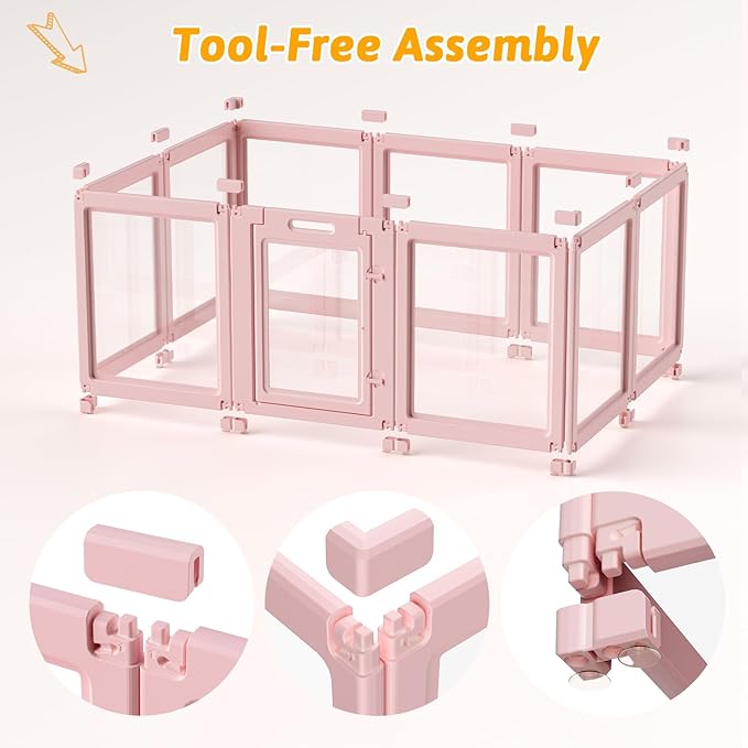DIY Clear Acrylic Dog Playpen House,Quick Easy Assembly and Disassembly,Strong Floor Suction,Indoor and Outdoor Use,Easy Cleansing Puppy Fence (Skin Pink, 23.6" H, 10PCS)