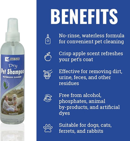 Kenic Refreshing Apple-Scented Pet Dry Pet Shampoo Spray Cleanser for Dogs, Cats, Ferrets & Rabbits, Spot Clean Spray, No Rinse Formula, 8oz