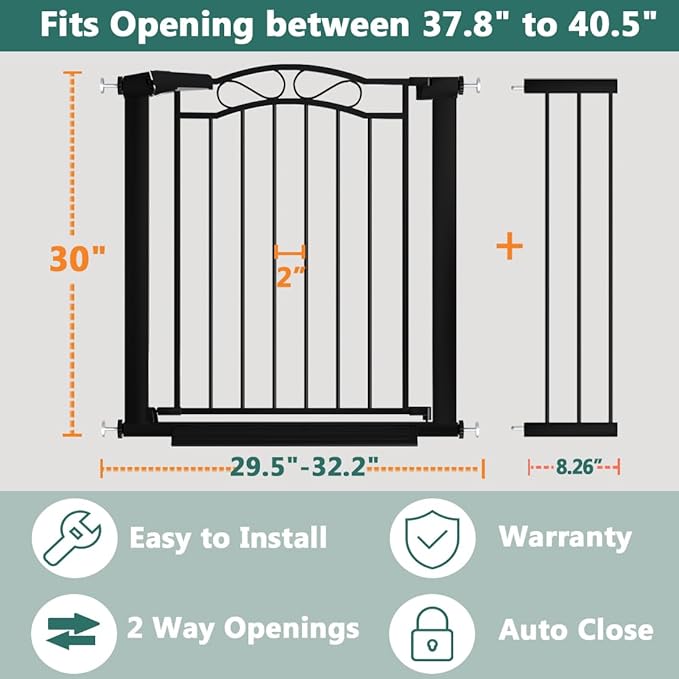 Black Baby Gate with Door-Walk Through Baby Gates for Stairs Pressure Mounted no Drill-Indoor Tension Metal Child Pet Dog Safety Gate 37.80"-40.55" Wide