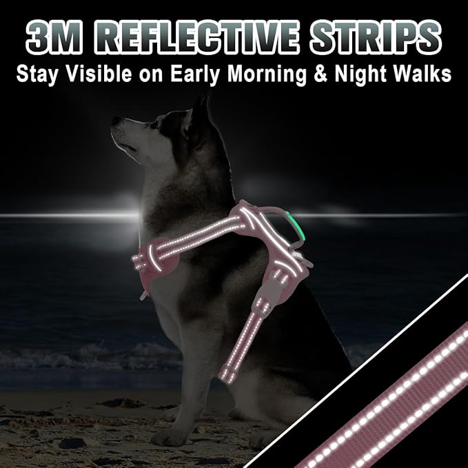 BARKBAY No Pull Dog Harness Large Reflective Dog Harness with Front Clip and Easy Control Handle for Walking Training Running with ID tag Pocket(Baby Pink,M)