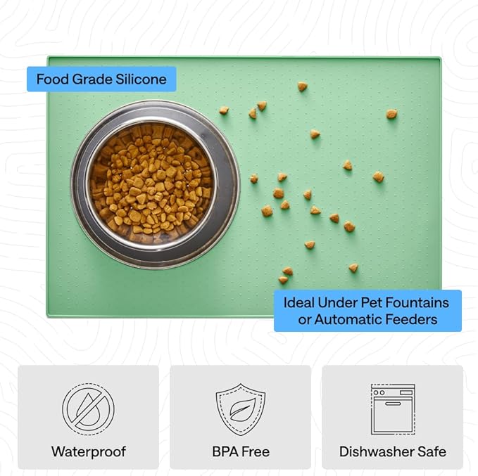 GORILLA GRIP 100% Waterproof Raised Edge BPA Free Silicone Pet Feeding Mat, Dog Cat Food Mats Contain Spills Protects Floors, Placemats for Cats and Dogs Water Bowl, Pets Accessories 18.5x11.5 Mint