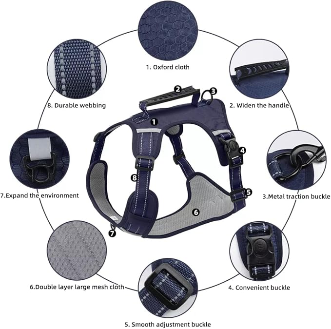 Dog Harness No Pull Adjustable Reflective,for Medium and Large Small Dog with Leash 59.06in (Dark Blue, L)