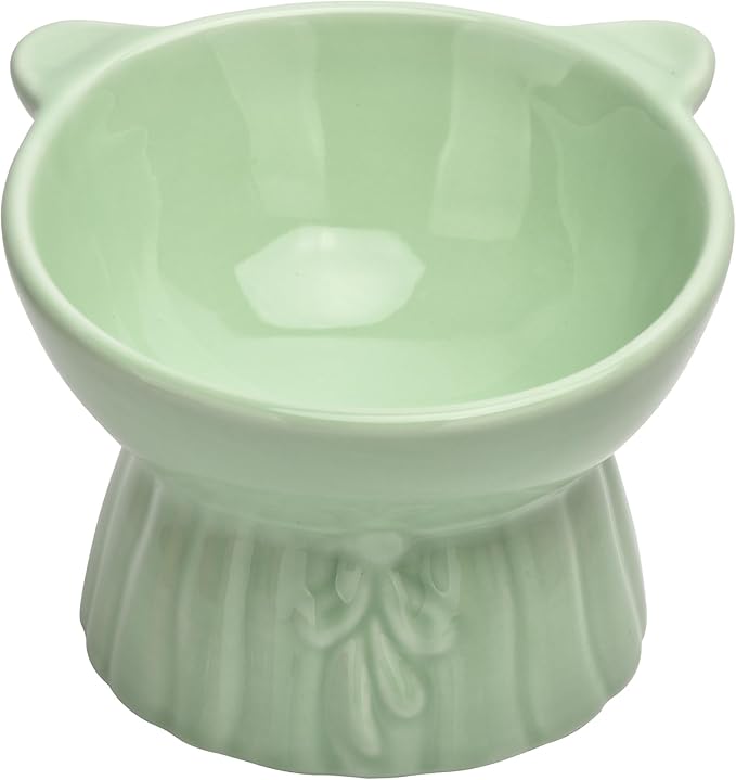 Elevated Cat Food Bowl,8 Oz Ceramic Raised and Tilted Water Bowl,Anti Vomiting and Protect Pets Spines Dishes for Fat Faced Cat, Indoor Cats,Kitten,Small Dog (Green)