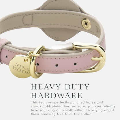 NINA WOOF Cupertino Dog Collars, Harnesses & Leashes Made from Vegan Leather with Dog Tracker Device Holder Adjustable Dog Collar (Small (Neck: 12x15), Pink)