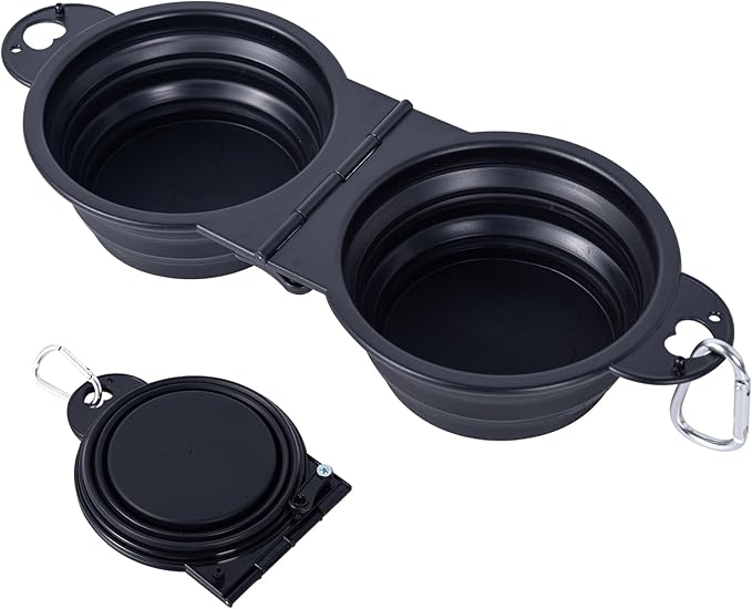 SLSON Collapsible Dog Dual Bowls Reinforced Rim 180 Degrees Flip Over Foldable Double Bowl with Lock Clips More Stable Dog Travel Bowls Pet Food Water Feeder (Black)