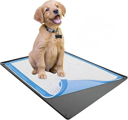 TidyFriend Dog Pee Pad Holder Tray Fits for 24” x 36” Pee Pads with Corner Lock Holes, Raised Edges, Non-Spill, Easy to Clean Silicone Dog Potty Tray Holder, for Indoor Floor Protection (Grey)