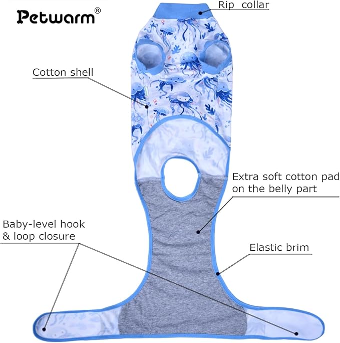 PetWarm Dog Surgery Suit, Cone of Shame Alternatives Bodysuit for Abdominal Affected Areas Sensitive Skin Areas, Anti-Licking Dog Soft, Onesies for Dogs, Marine Animal Patterns, Blue, M