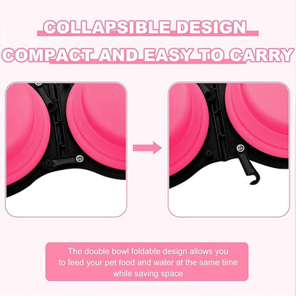 Collapsible Silicone Cat and Dog Travel Bowls,2 in 1 Foldable Pet Feeding and Watering Dish for Walking Camping Hiking with Carabiner (Rose Red)