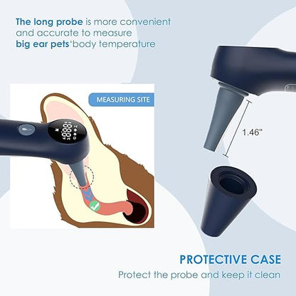 Pet Ear Thermometer for Dogs, Cats, and Livestock, Long Probe Designed, ℃/ ℉ Convert and Sound Switch Dedicated Button, 1 Second Measurement, 20 pcs Pet Swabs Included