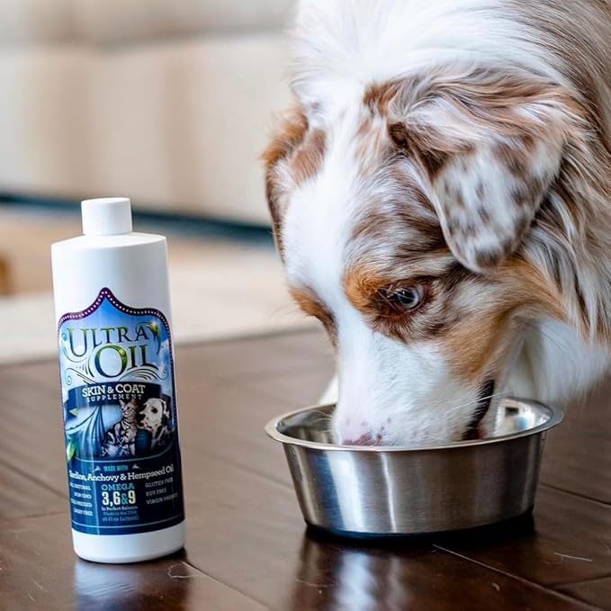 Ultra Oil Skin and Coat Supplement for Dogs and Cats with Hemp Seed, Flaxseed, Grape Seed, and Fish Oils for Relief from Dry Itchy Skin, Dull Coat, Hot Spots, Dandruff, and Allergies, (16 oz)