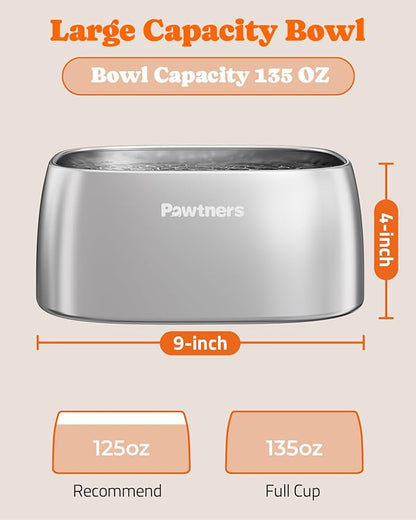 Pawtners 4L Large Stainless Steel Dog Bowls, Dog Water and Food Bowl for Large Breed Dogs with Non-Slip Base, Metal Pet Bowls Easy to Clean, Indoor Outdoor Use, 135oz, Silver