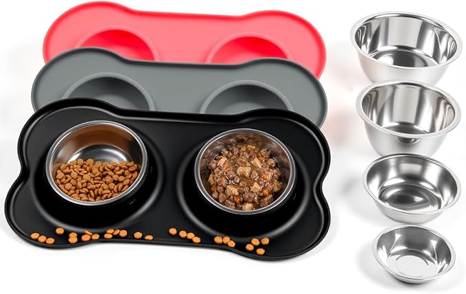 Conlun Medium Pet Feeding Station, 29oz Stainless Steel Dog Bowls Set, No Spill Food & Water Dishes with Non Slip Silicone Mat for Breeds Up to 55 Lbs,Black