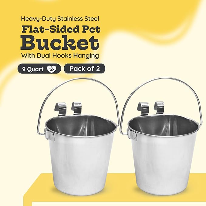 9 Quart Stainless Steel Flat Sided Bucket with Dual Hooks | 2 Pcs Food & Water Bowl for XL Dog Goat Cattle Horse & Livestock | Fits kennel Crate Cages Farm Hanging Pet Pail | Multipurpose