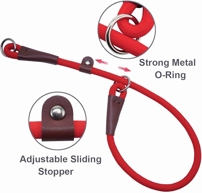 MayPaw Slip Collar Nylon Rope Adjustable Collar for Dog Training- No Pull Round Martingale Dog Collars for Small Medium Large Dogs (24" x 1/2", Red)