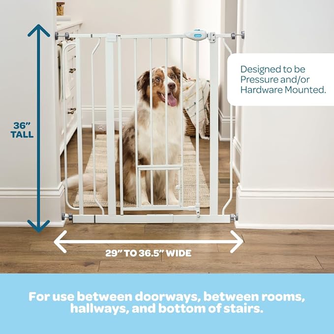 Carlson 36" Extra Tall Walk Through Dog Gate for Doorways & Bottom of Stairs, Metal Pet Gate with Small Pet Door, Expands 29.5”–36.5”, White