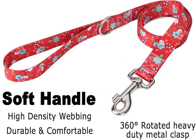 Mihqy Dog Collar and Leash Set with Bohemia Floral Tribal Geometric Patterns - Soft Ethnic Style Collar Adjustable for Small Medium Large Dogs(Red Floral Set,S)