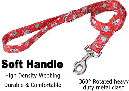 Mihqy Dog Collar and Leash Set with Bohemia Floral Tribal Geometric Patterns - Soft Ethnic Style Collar Adjustable for Small Medium Large Dogs(Red Floral Set,S)