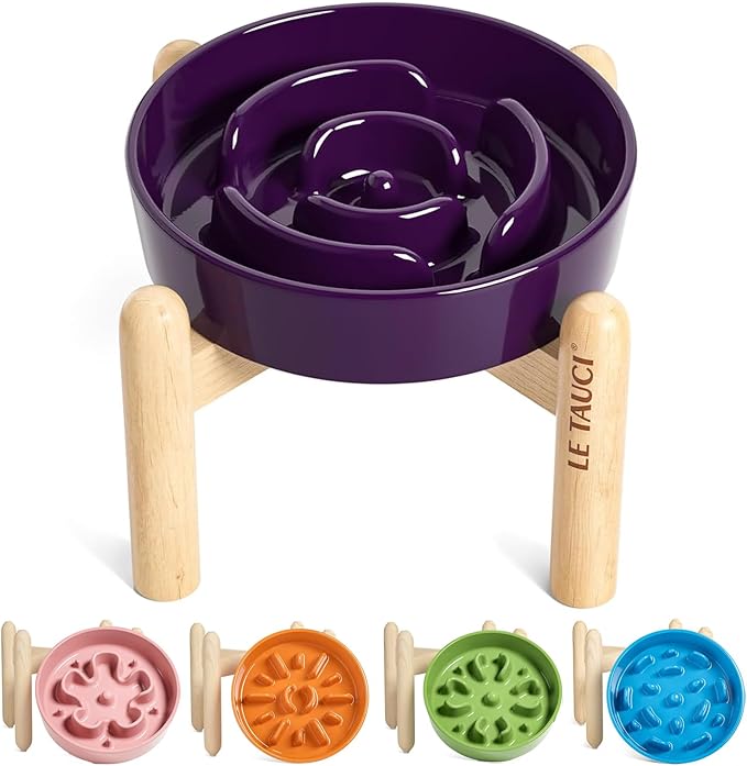 LE TAUCI Ceramic Slow Feed Dog Bowls, Elevated for Small Breeds, Anti-Gulping, Non-Slip, 6 inch, Purple