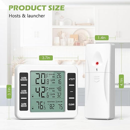 KeeKit Refrigerator Thermometer, Indoor Outdoor Thermometer with 2 Sensors, Wireless Digital Freezer Thermometer with Audible Alarm Temperature Gauge, Min/Max Record for Home, Kitchen – White