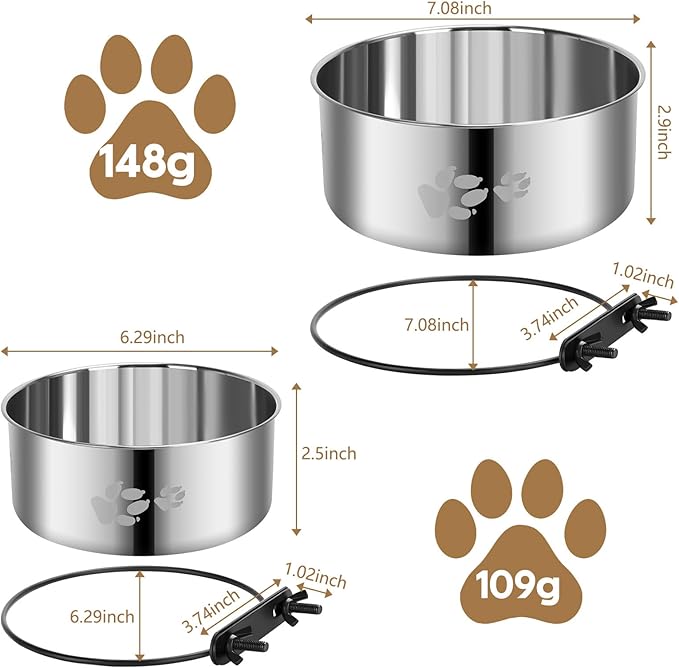 Dog Crate Water Food Bowl No Spill,2 Pack Hanging Dog Bowls for Kennel,Dogs Crate Water Feeder Dish,Stainless Steel Kennel Dogs Bowls Mountable for Cats Bunny Ferret Bird
