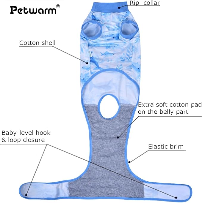 PetWarm Recovery Suit for Dogs, Surgical Suit for Dogs Female Spay Male Neutered, After Surgery Dog Onesie, Anti-Licking Dog Surgery Recovery Suit, Marine Animal Patterns, Blue, M