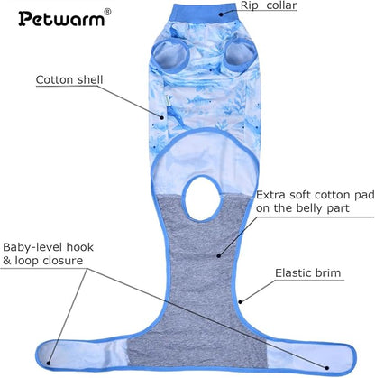 PetWarm Recovery Suit for Dogs, Surgical Suit for Dogs Female Spay Male Neutered, After Surgery Dog Onesie, Anti-Licking Dog Surgery Recovery Suit, Marine Animal Patterns, Blue, XS