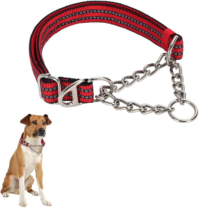Stainless Steel Chain Martingale Collar for Dogs, No Pull Slip Cinch Training Escape Proof Heavy Duty Dog Collar for Small Medium Pet Boy Male Dogs Red M