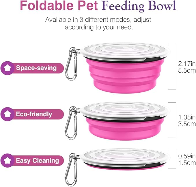 Pawaboo Collapsible Dog Bowls 2 Pack, Silicone Feeding Watering Bowls with Lids & Carabiners for Dogs Cats, Portable Water Feeder Food Bowl for Walking Traveling Home Use, Pink + Purple