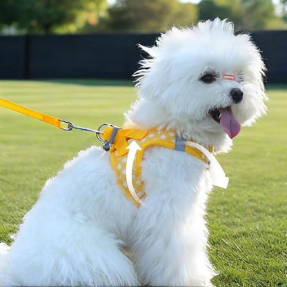 Soft Mesh Dog Harness and Leash Set, Step-in Escape Proof Vest Harnesses, Reflective Breathable Pet Harness Adjustable Plaid Pet Outdoor Harnesses for Medium Dogs, Yellow L